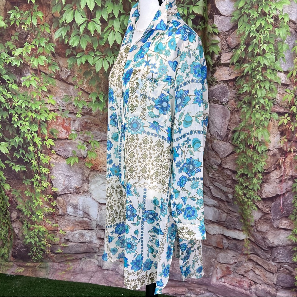 ROSE + OLIVE Blue and White Floral Boho Chiffon Longline Tunic/Dress, M - Picture 7 of 14